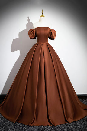 Brown Satin Long A-Line Prom Dress, Off the Shoulder Evening Party Dress