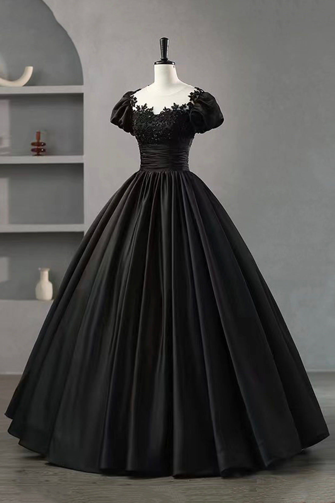 Black Satin Lace Long Prom Dress, A-Line Scoop Neckline Short Sleeve E Black Satin Lace Long Prom Dress, A-Line Scoop Neckline Short Sleeve E