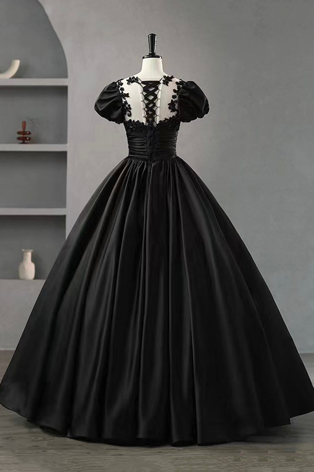 Black Satin Lace Long Prom Dress, A-Line Scoop Neckline Short Sleeve Evening Dress