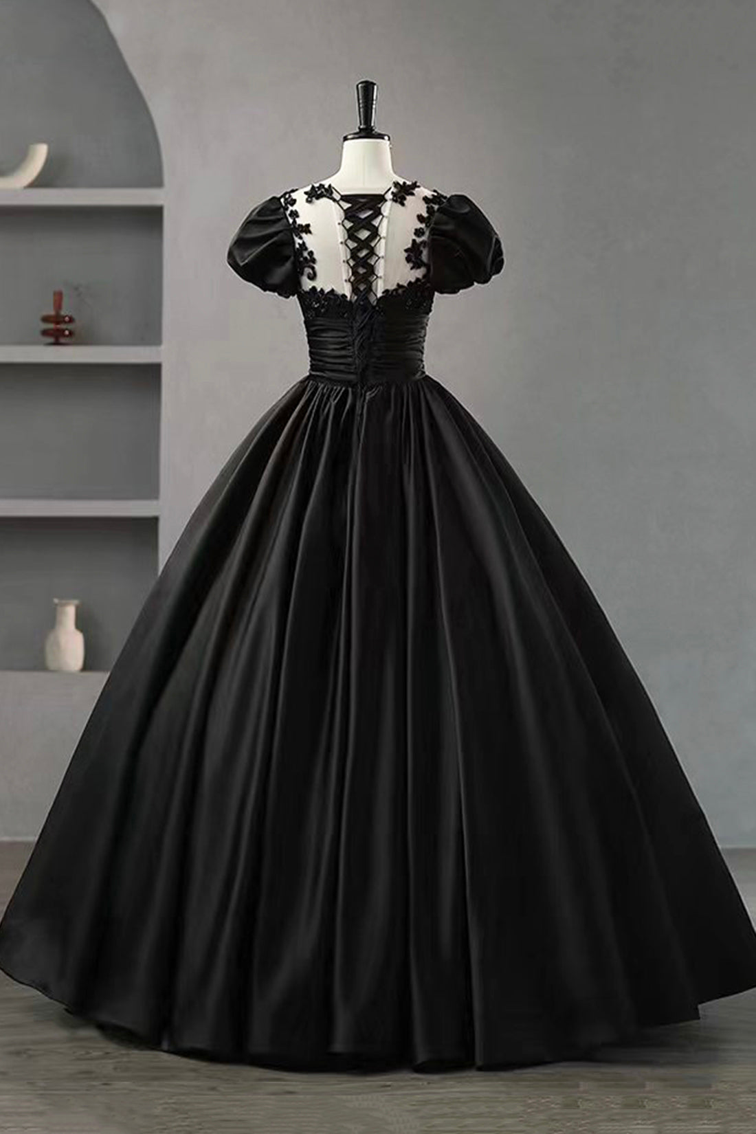 Black Satin Lace Long Prom Dress, A-Line Scoop Neckline Short Sleeve E Black Satin Lace Long Prom Dress, A-Line Scoop Neckline Short Sleeve E