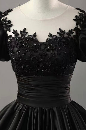 Black Satin Lace Long Prom Dress, A-Line Scoop Neckline Short Sleeve Evening Dress
