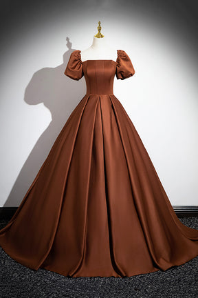 Brown Satin Long A-Line Prom Dress, Off the Shoulder Evening Party Dre Brown Satin Long A-Line Prom Dress, Off the Shoulder Evening Party Dre