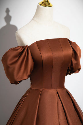 Brown Satin Long A-Line Prom Dress, Off the Shoulder Evening Party Dre Brown Satin Long A-Line Prom Dress, Off the Shoulder Evening Party Dre