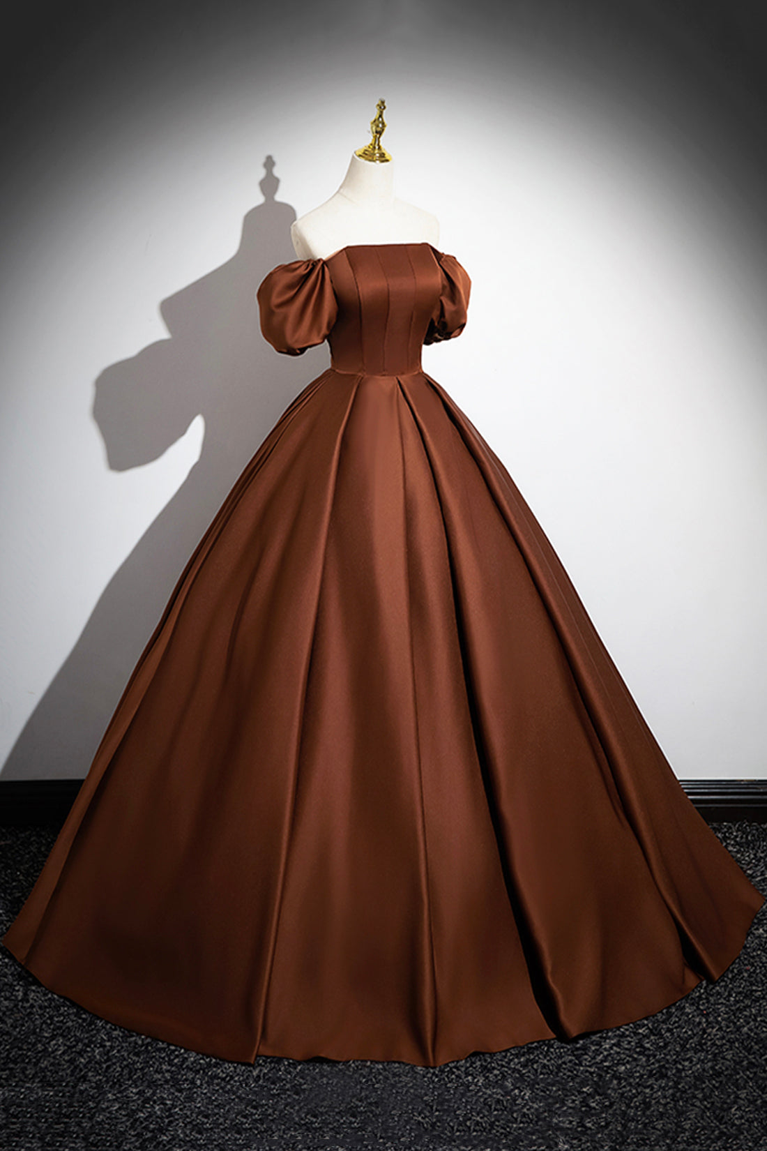 Brown Satin Long A-Line Prom Dress, Off the Shoulder Evening Party Dre Brown Satin Long A-Line Prom Dress, Off the Shoulder Evening Party Dre