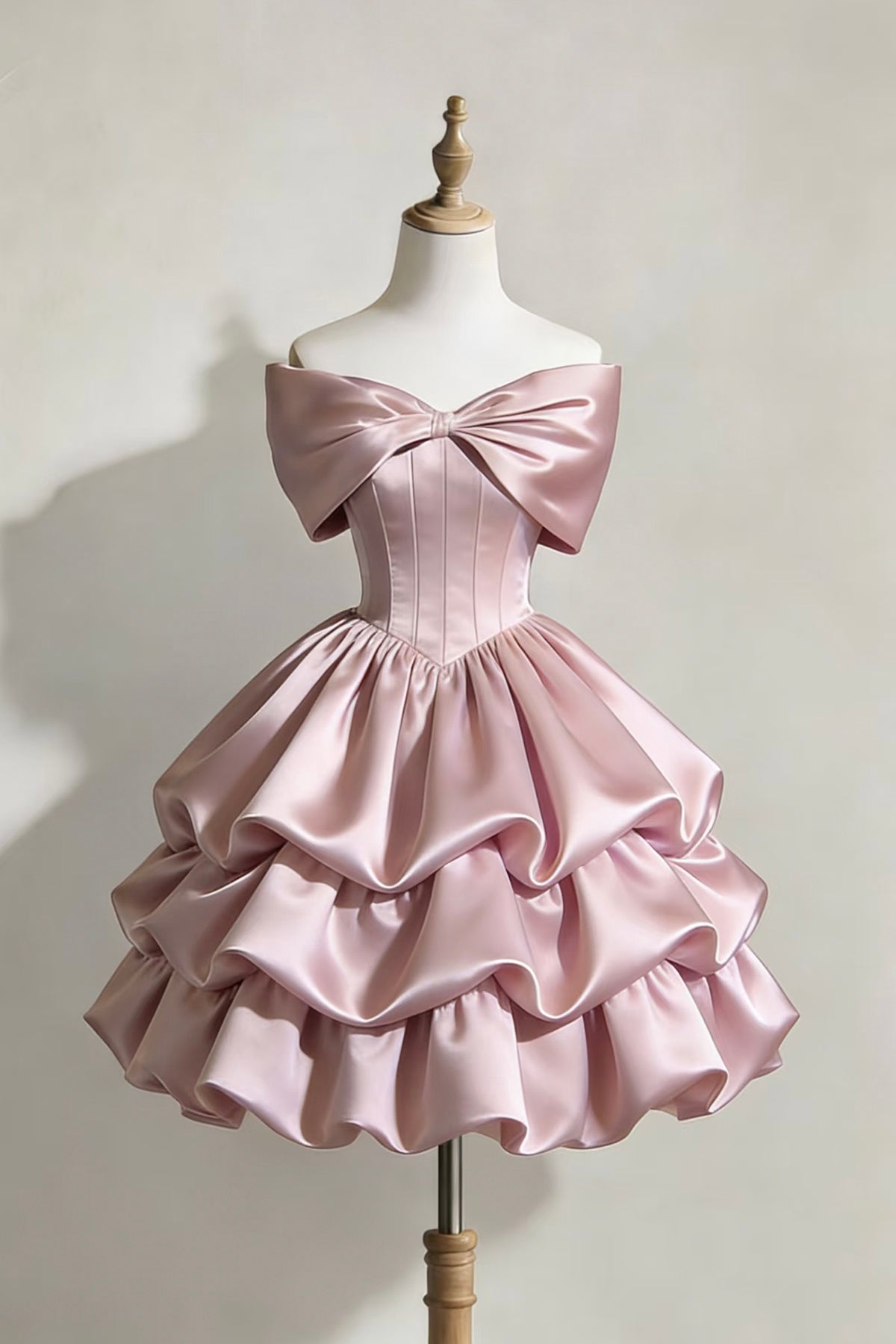 Off Shoulder Blush Satin Dress with Tiered Ruffled Skirt and Bow Detail