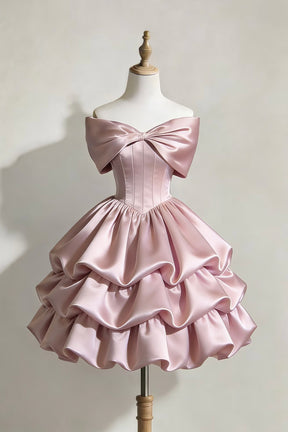 Off Shoulder Blush Satin Dress with Tiered Ruffled Skirt and Bow Detail