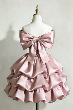 Off Shoulder Blush Satin Dress with Tiered Ruffled Skirt and Bow Detail