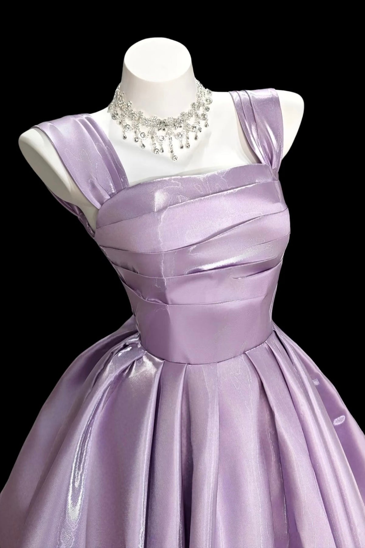 Square Neck Lilac Mini Prom Dress Satin Wide Strap Pleated Party Dress