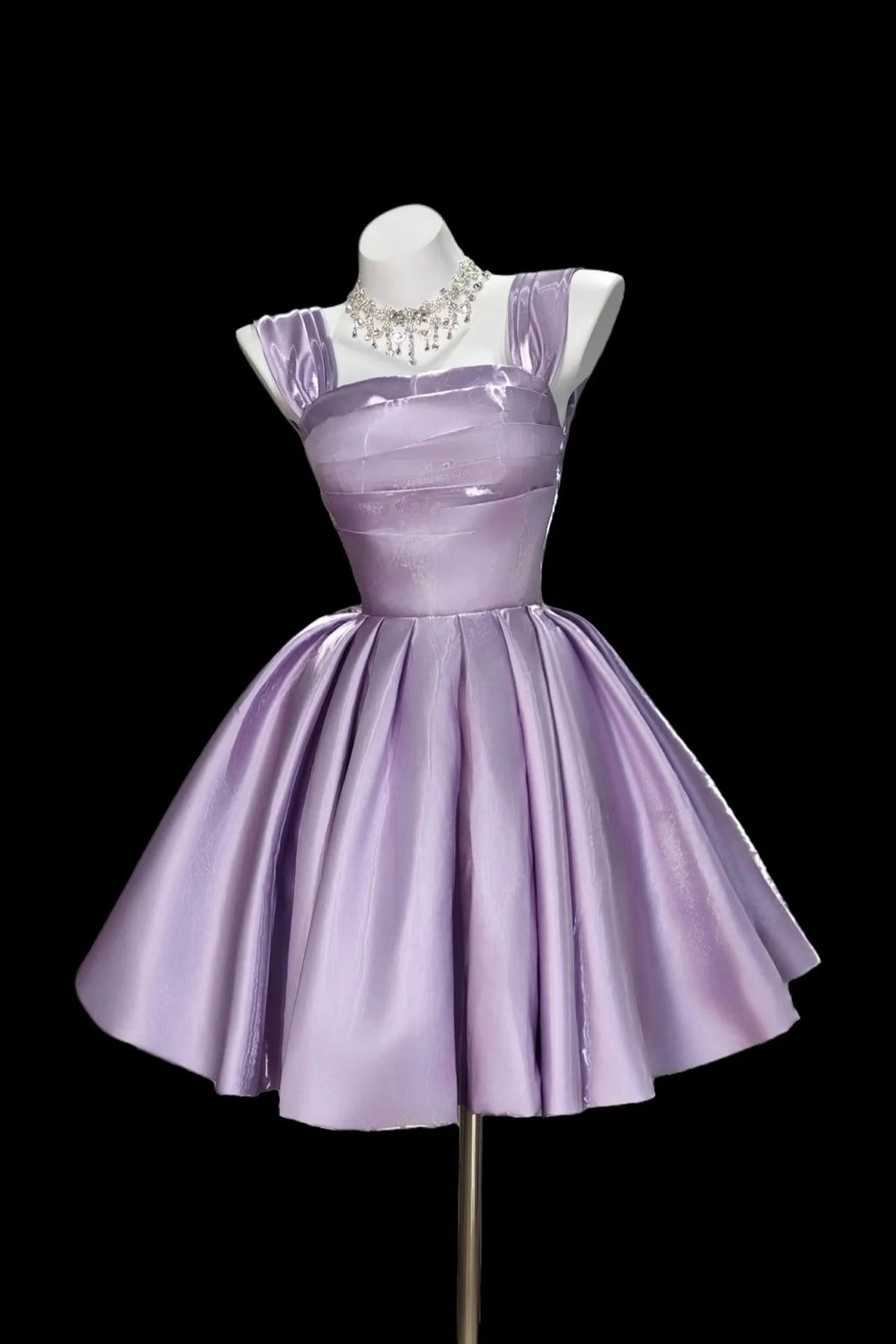 Square Neck Lilac Mini Prom Dress Satin Wide Strap Pleated Party Dress