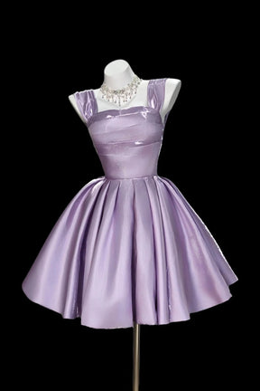 Square Neck Lilac Mini Prom Dress Satin Wide Strap Pleated Party Dress