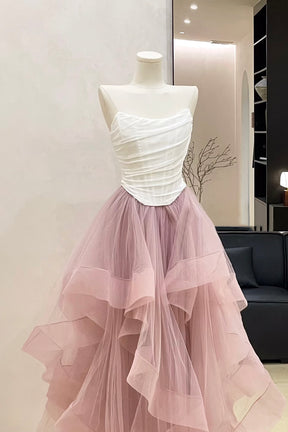 Romantic Blush Tulle Midi Dress with White Ruched Strapless Bodice