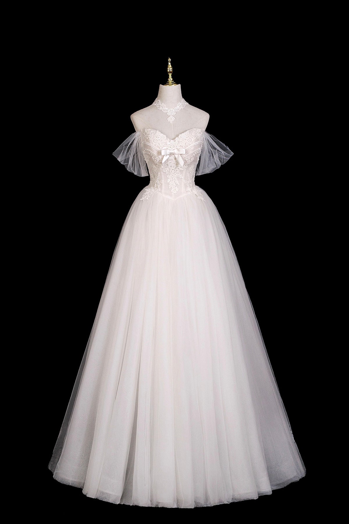 Charming Ivory Tulle Lace Floor Length Prom Dress, A-Line Sweetheart Neck Formal Dress