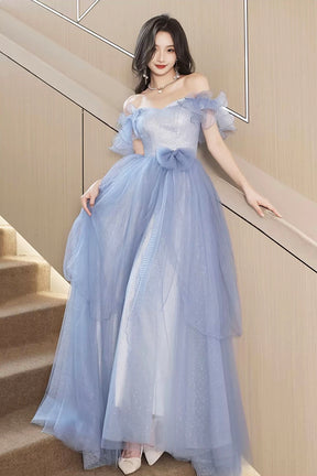 French Stylish Off Shoulder Blue Tulle Prom Dress with Bow
