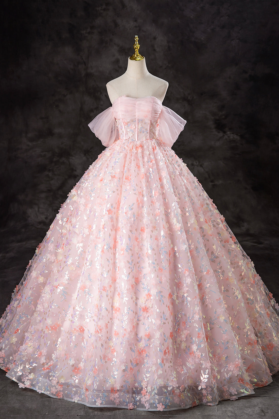 A-Line Pink Flowers Tulle Long Princess Dress, Off the Shoulder Formal Evening Dress