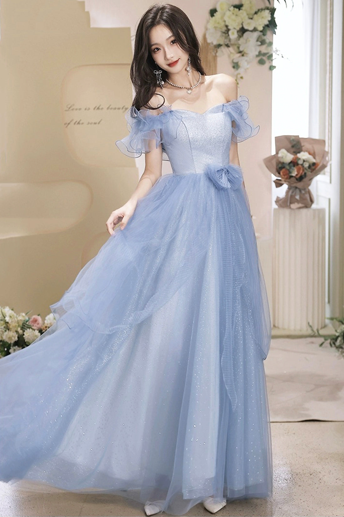 French Stylish Off Shoulder Blue Tulle Prom Dress with Bow