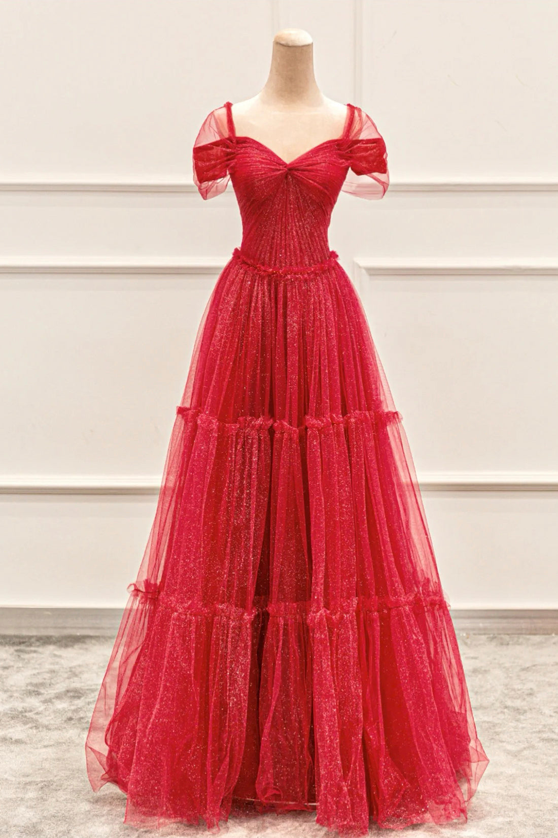 Red Tulle Long A-Line Prom Dress, Off the Shoulder Evening Party Dress with Lace Up
