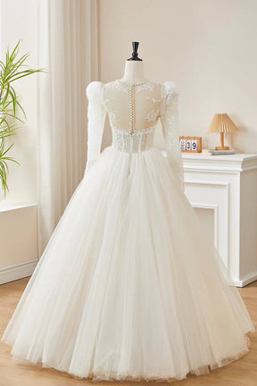 Elegant White Long Sleeve Lace Wedding Dress with Puff Sleeves