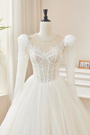 Elegant White Long Sleeve Lace Wedding Dress with Puff Sleeves