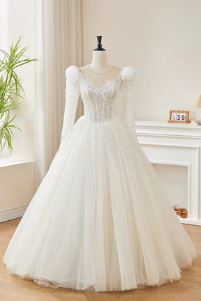 Elegant White Long Sleeve Lace Wedding Dress with Puff Sleeves