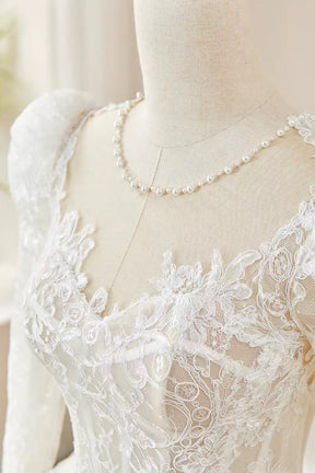 Elegant White Long Sleeve Lace Wedding Dress with Puff Sleeves