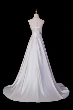 White Strapless Satin Wedding Gown with Pearl Bodice