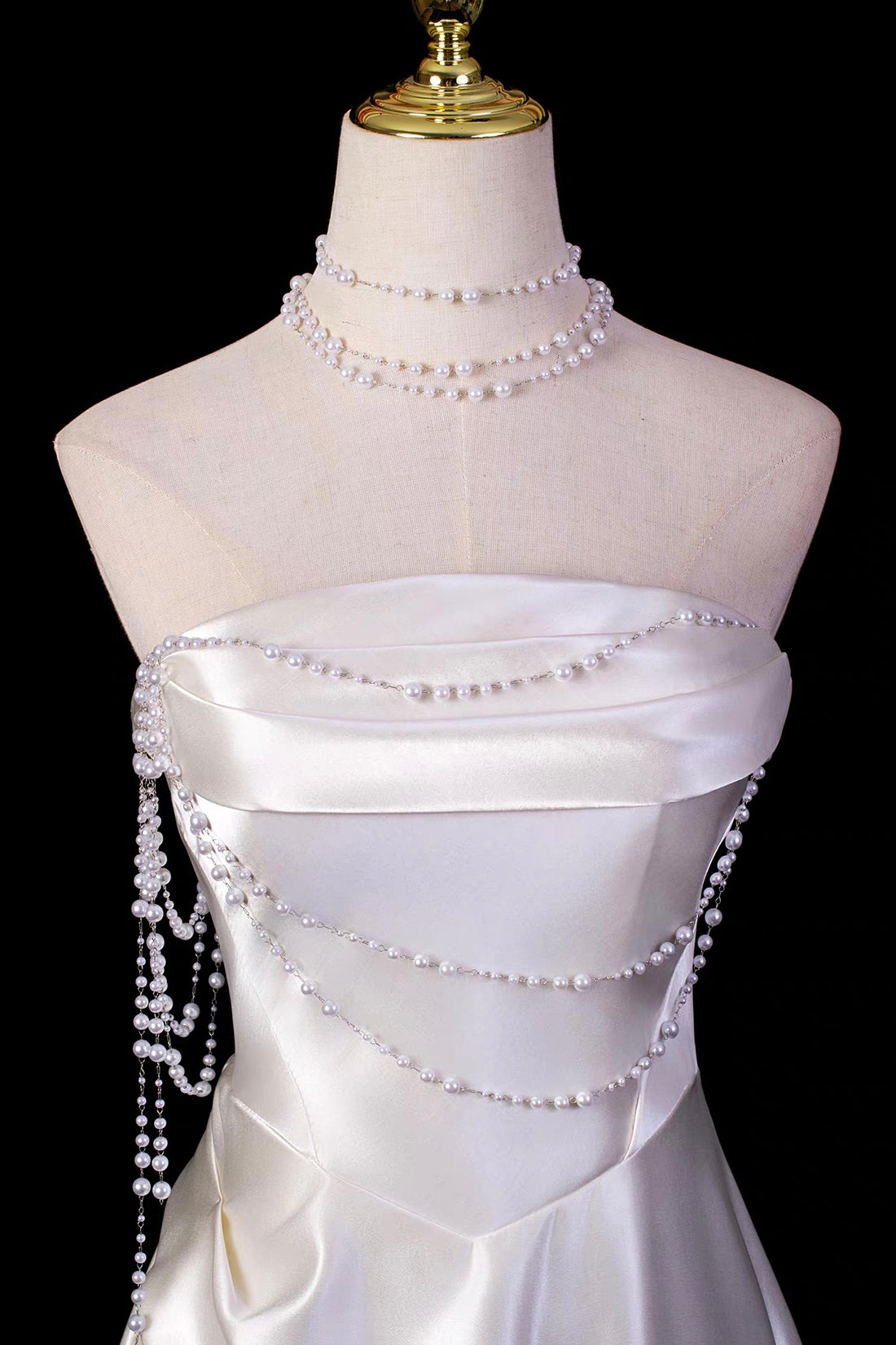 White Strapless Satin Wedding Gown with Pearl Bodice