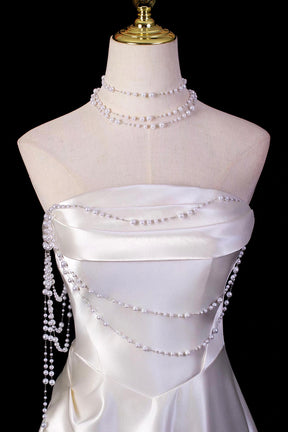 White Strapless Satin Wedding Gown with Pearl Bodice