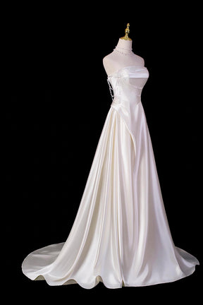 White Strapless Satin Wedding Gown with Pearl Bodice