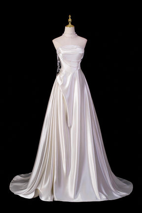 White Strapless Satin Wedding Gown with Pearl Bodice