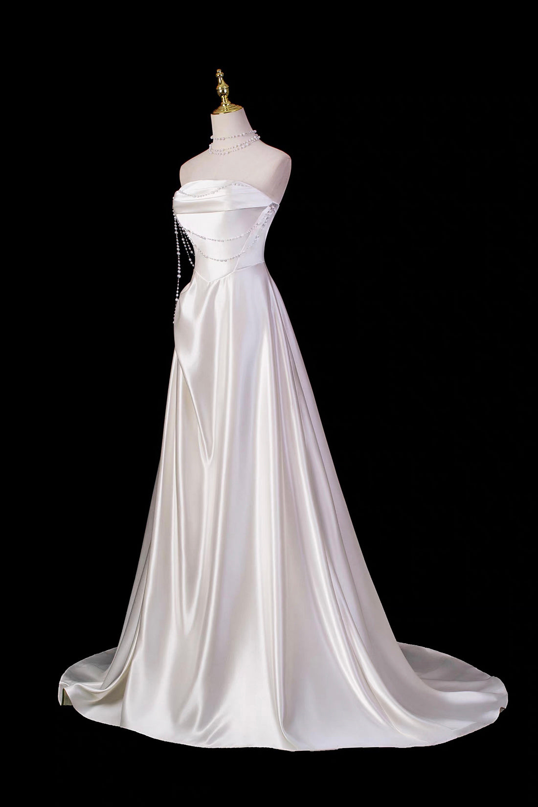 White Strapless Satin Wedding Gown with Pearl Bodice
