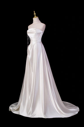 White Strapless Satin Wedding Gown with Pearl Bodice
