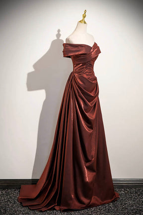 Metallic Burgundy Off-Shoulder Evening Gown with Ruched Skirt