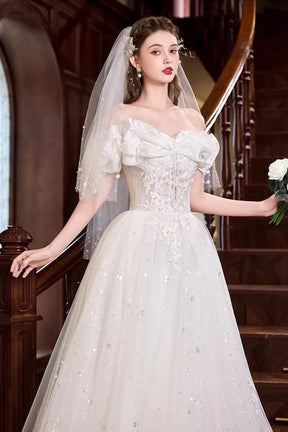 White Tulle Lace Long Prom Dress, Lovely A-Line Off the Shoulder Party Dress