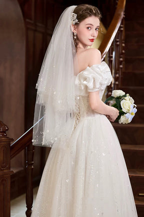 White Tulle Lace Long Prom Dress, Lovely A-Line Off the Shoulder Party Dress