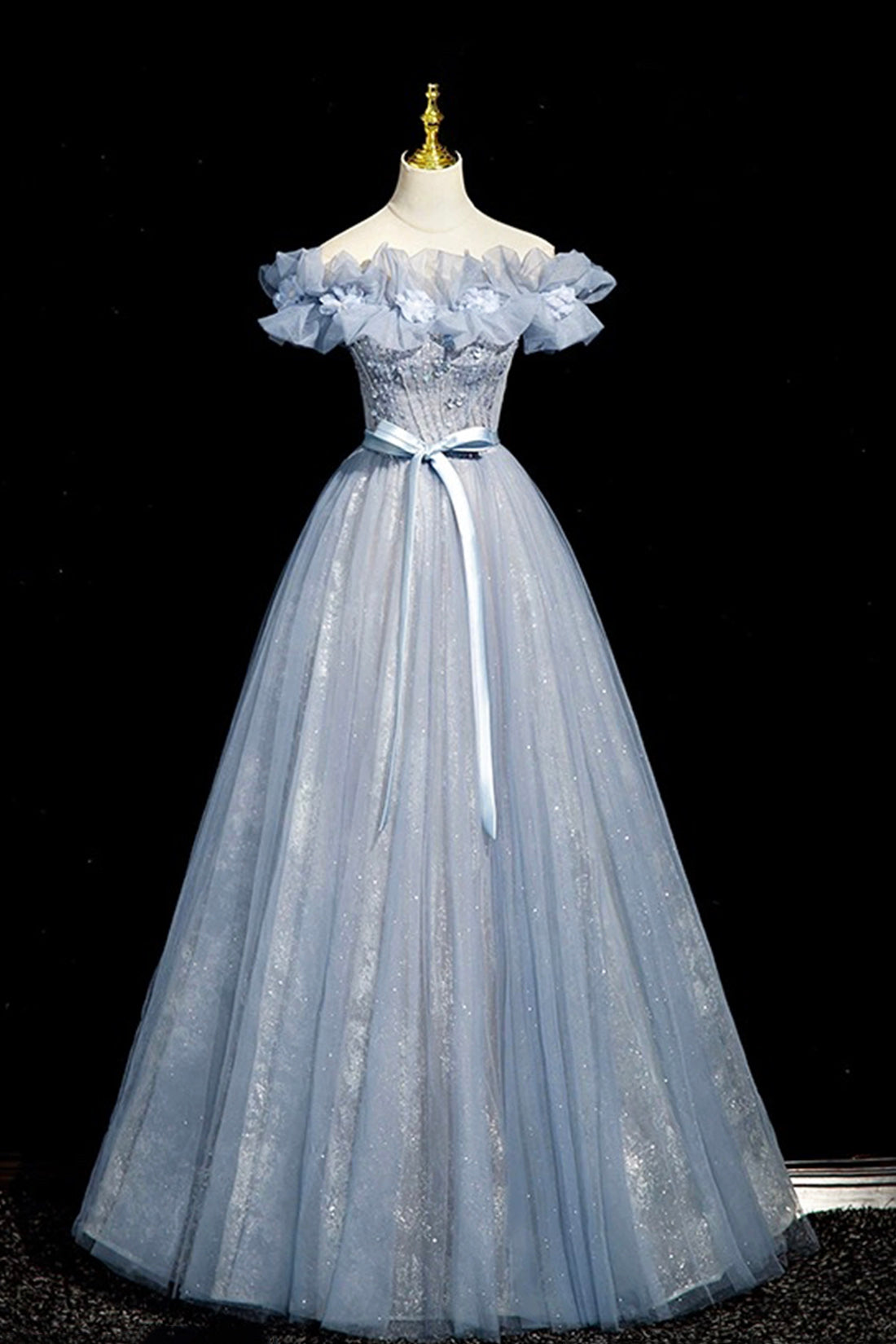 Blue Beaded Tulle Floor Length Prom Dress, Beautiful Off the Shoulder Princess Formal Dress