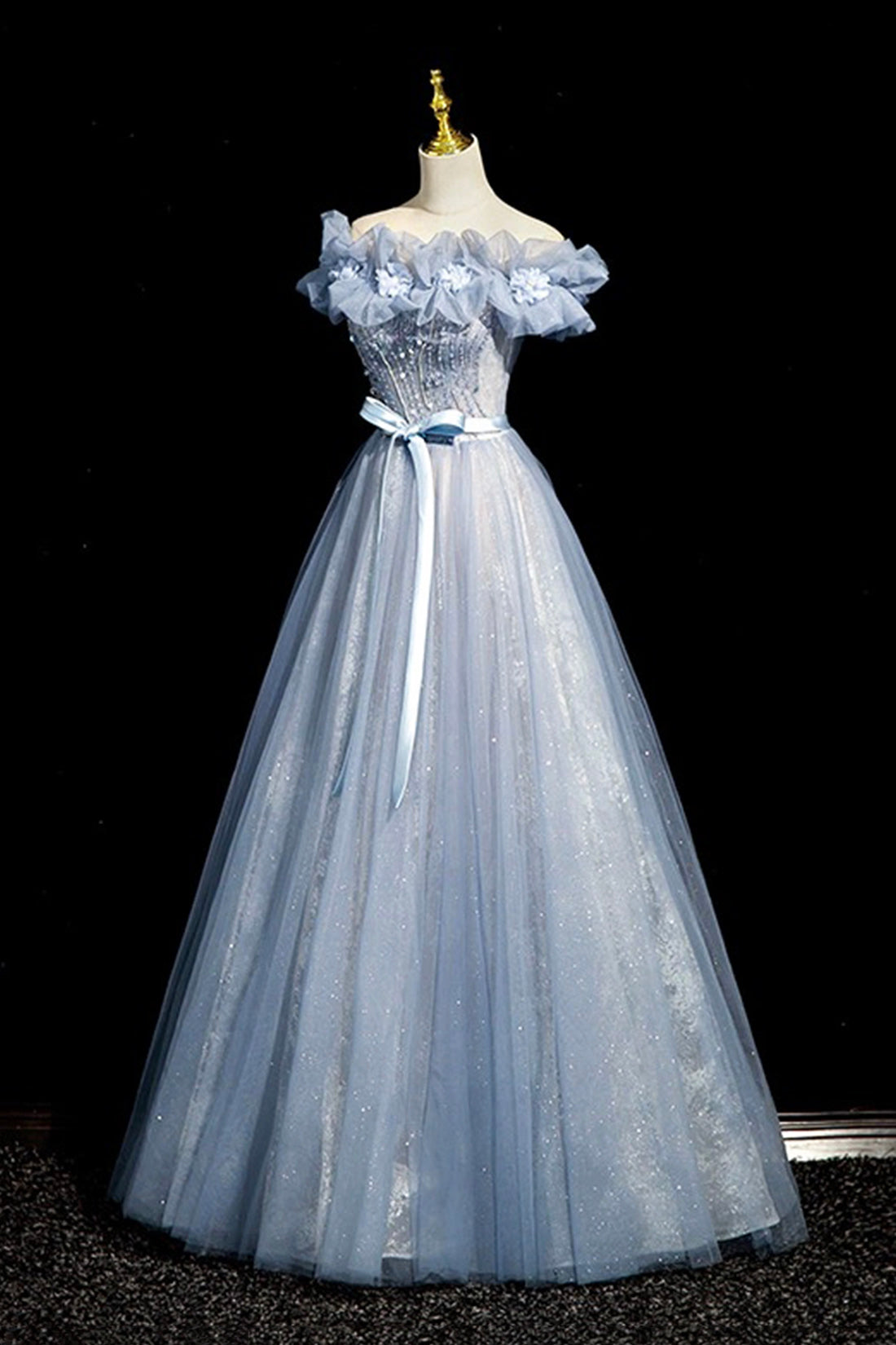 Blue Beaded Tulle Floor Length Prom Dress, Beautiful Off the Shoulder Princess Formal Dress