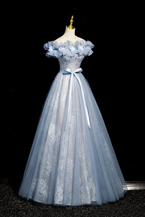 Blue Beaded Tulle Floor Length Prom Dress, Beautiful Off the Shoulder Princess Formal Dress