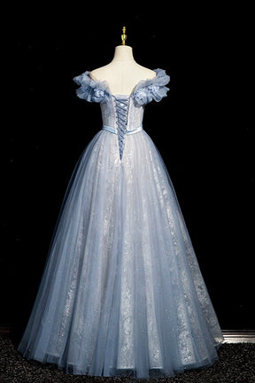 Blue Beaded Tulle Floor Length Prom Dress, Beautiful Off the Shoulder Princess Formal Dress