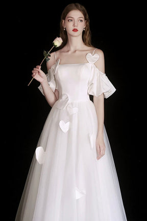 White Spaghetti Strap Tulle Tea Length Prom Dress, A-Line Evening Party Dress