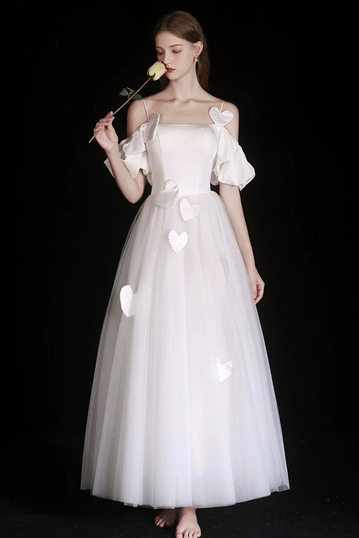 White Spaghetti Strap Tulle Tea Length Prom Dress, A-Line Evening Party Dress