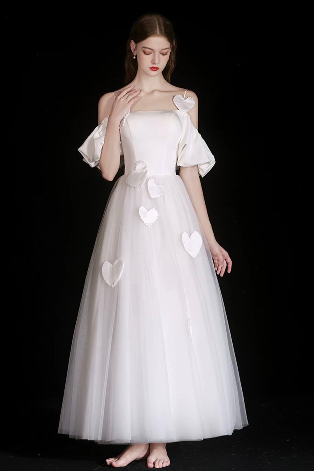 White Spaghetti Strap Tulle Tea Length Prom Dress, A-Line Evening Party Dress