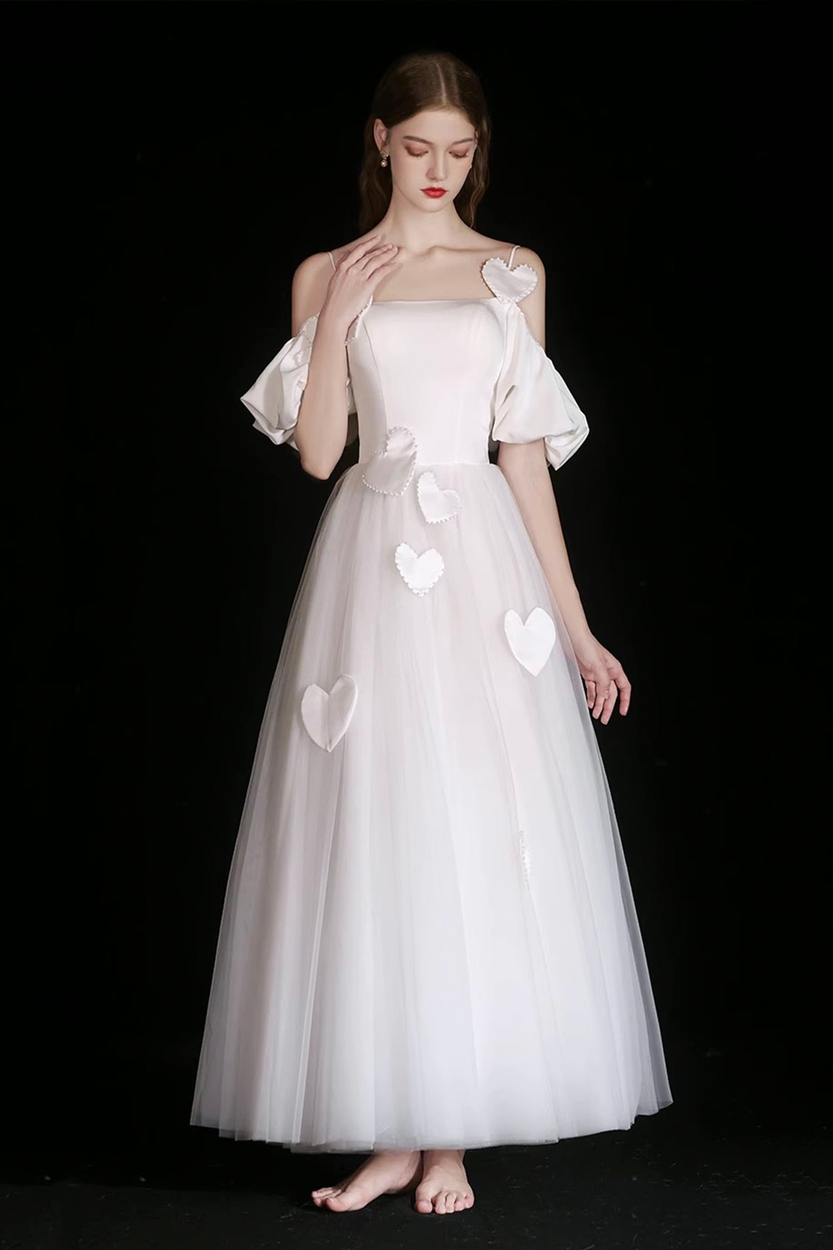 White Spaghetti Strap Tulle Tea Length Prom Dress, A-Line Evening Party Dress