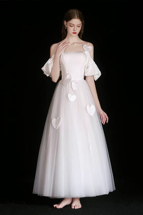 White Spaghetti Strap Tulle Tea Length Prom Dress, A-Line Evening Party Dress