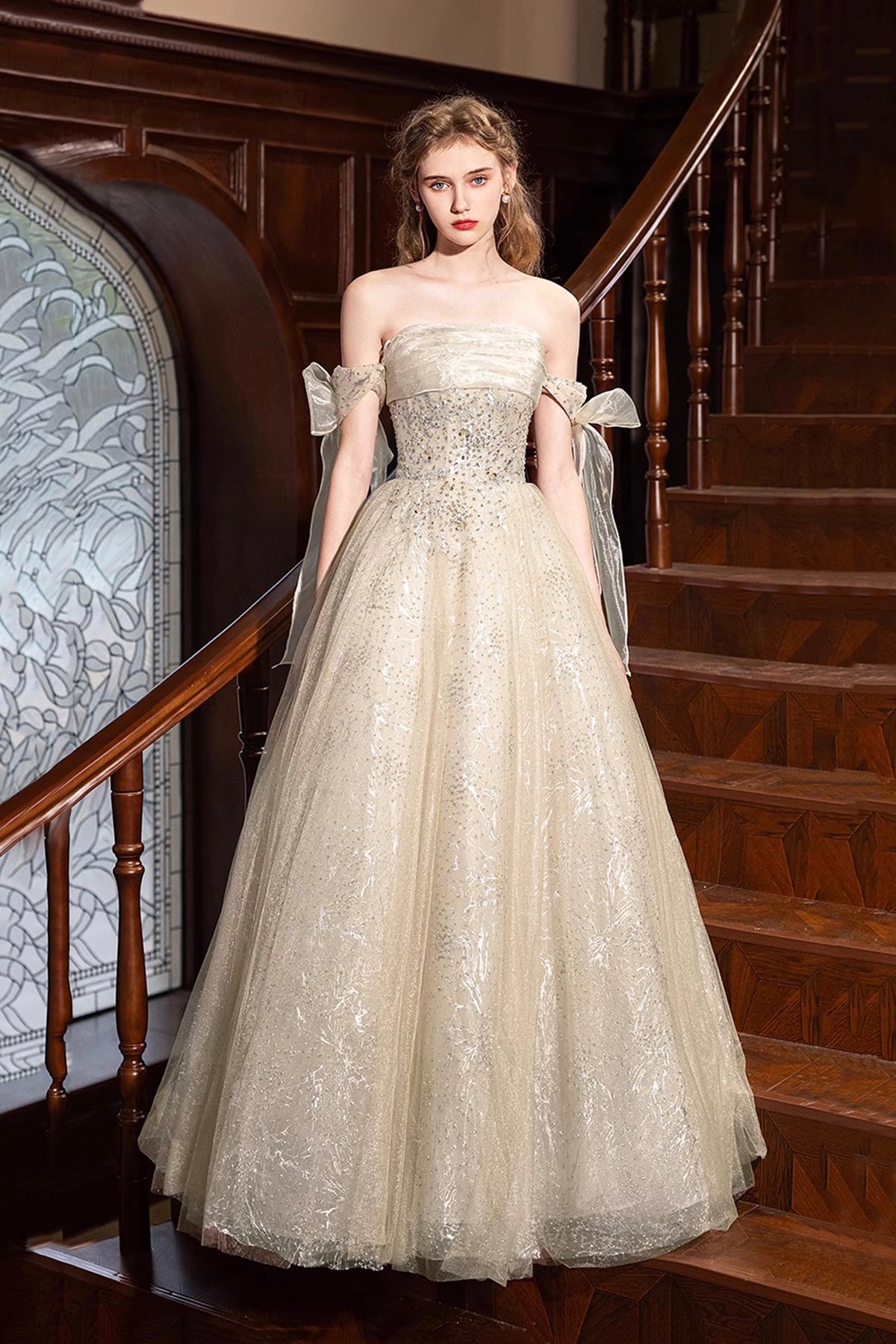 Champagne Strapless Sequins Long Prom Dress, A-Line Off the Shoulder Party Dress