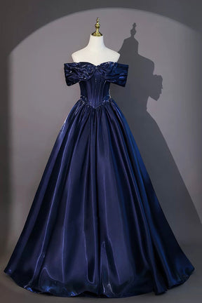 Navy Satin Floor Length Evening Gown, Beautiful A-Line Off the Shoulder Formal Gown