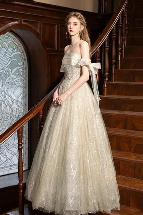 Champagne Strapless Sequins Long Prom Dress, A-Line Off the Shoulder Party Dress