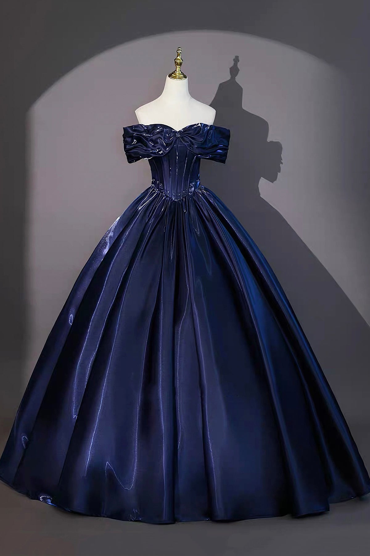 Navy Satin Floor Length Evening Gown, Beautiful A-Line Off the Shoulder Formal Gown