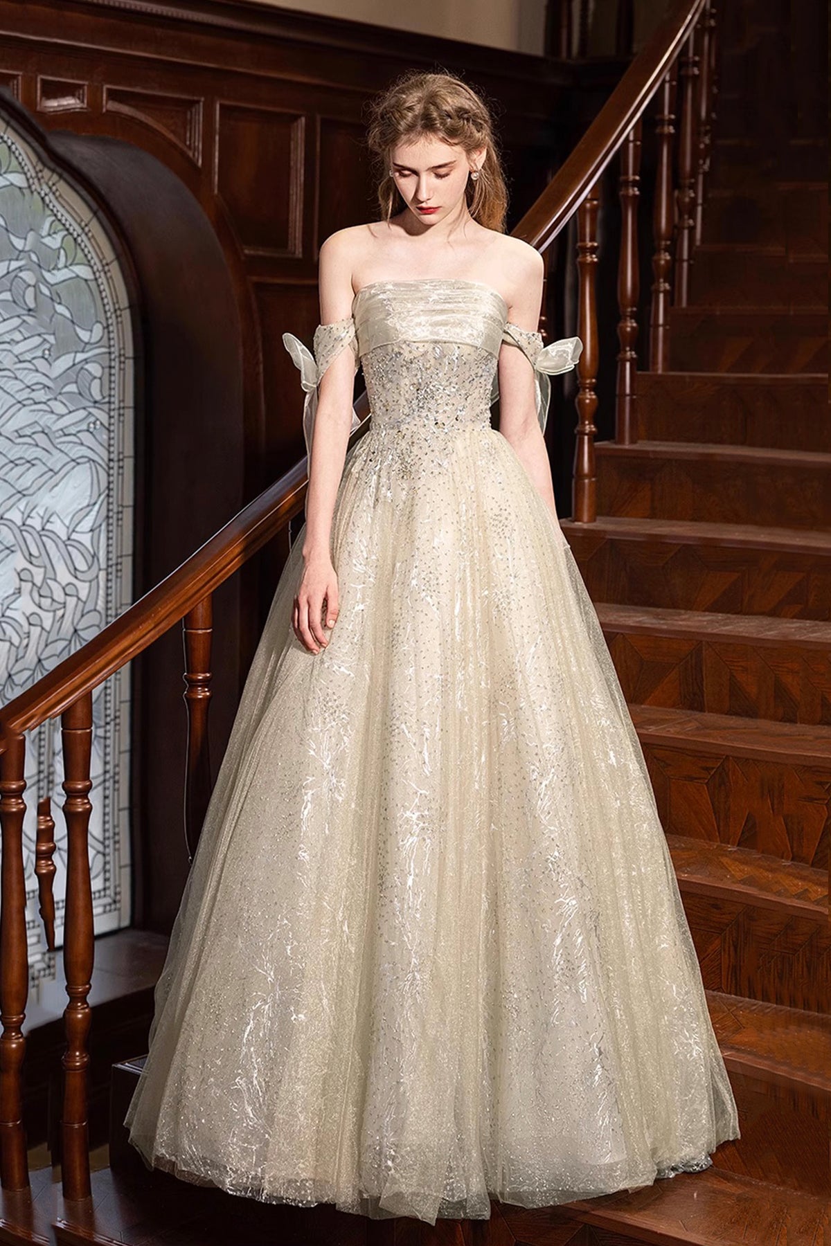 Champagne Strapless Sequins Long Prom Dress, A-Line Off the Shoulder Party Dress