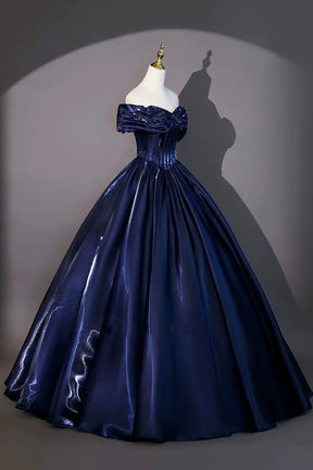 Navy Satin Floor Length Evening Gown, Beautiful A-Line Off the Shoulder Formal Gown