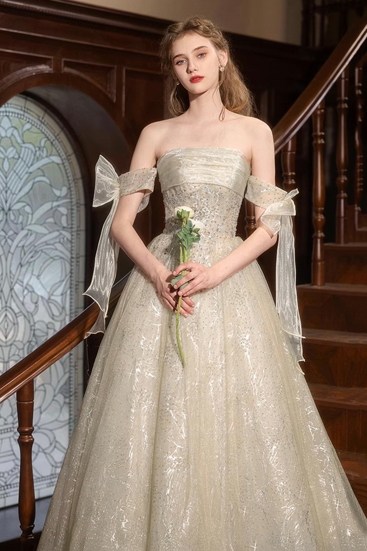 Champagne Strapless Sequins Long Prom Dress, A-Line Off the Shoulder Party Dress